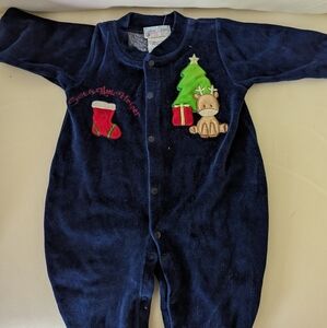 Blue Velvet Footed Santa's Little Helper Sleeper Sz 3-6 Mo.